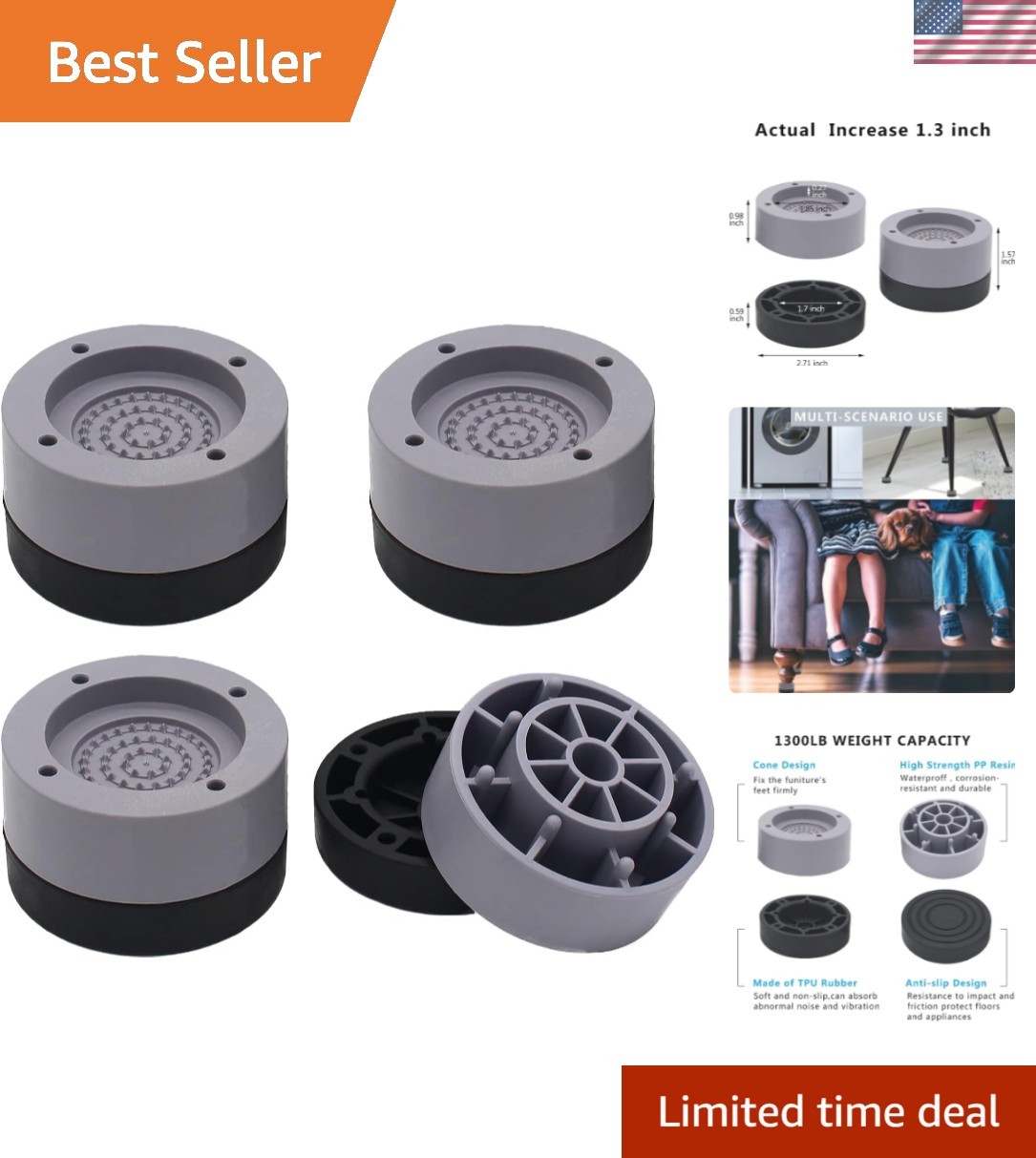 Adjustable Round Bed Furniture Risers – 4 Pack for 1300 lbs Stability & Support