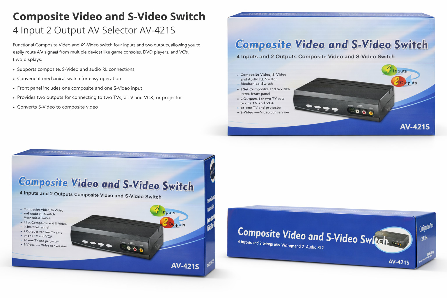 S/Composite Video LR Audio Switch Box #AV-421S, NEW Open Box