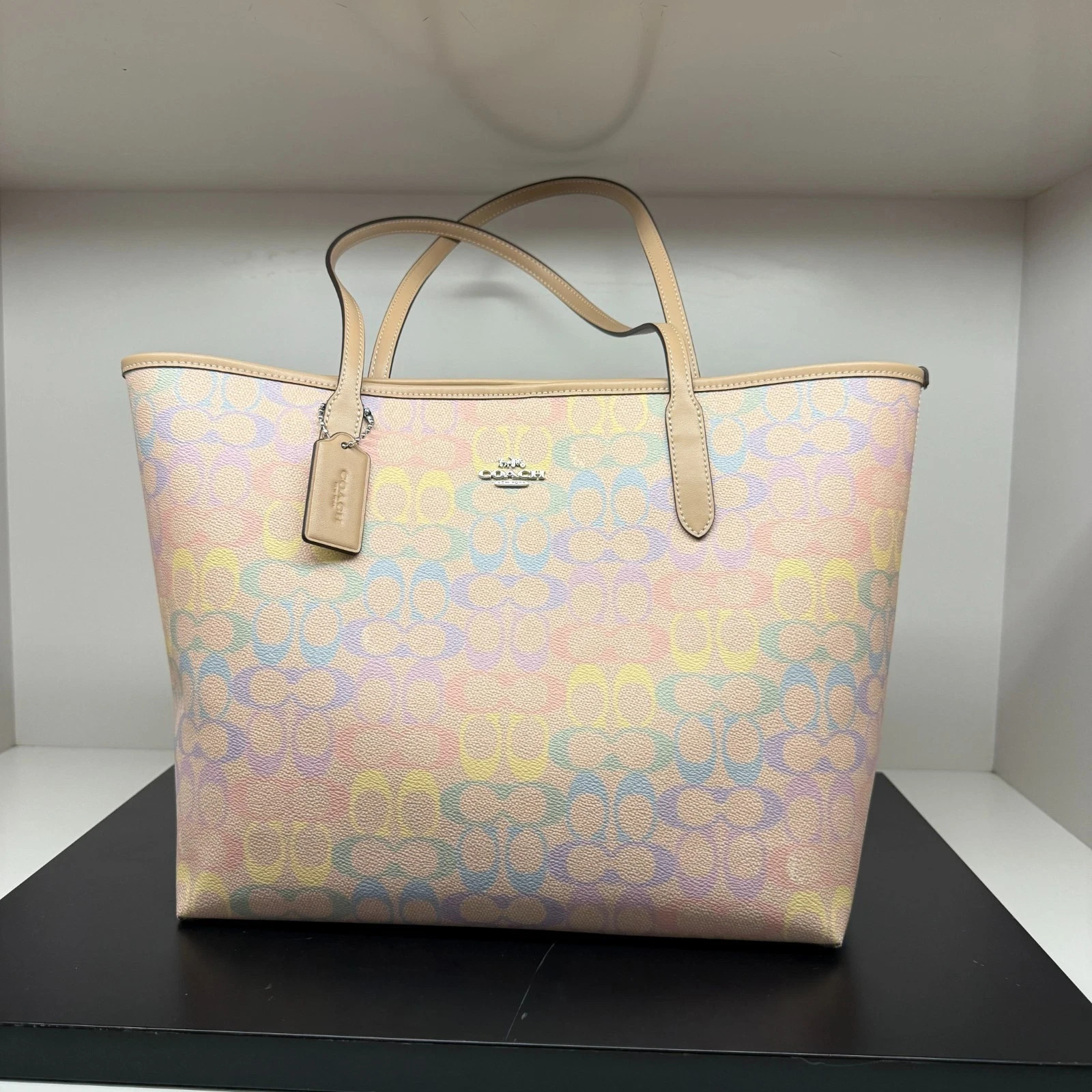 Coach CDA93 City Tote Bag In Rainbow Signature Canvas Silver/ Sand Multi  NWT