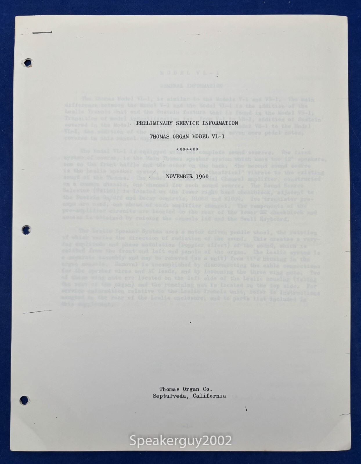 Original Thomas Organ Preliminary Service Manual / VL-1