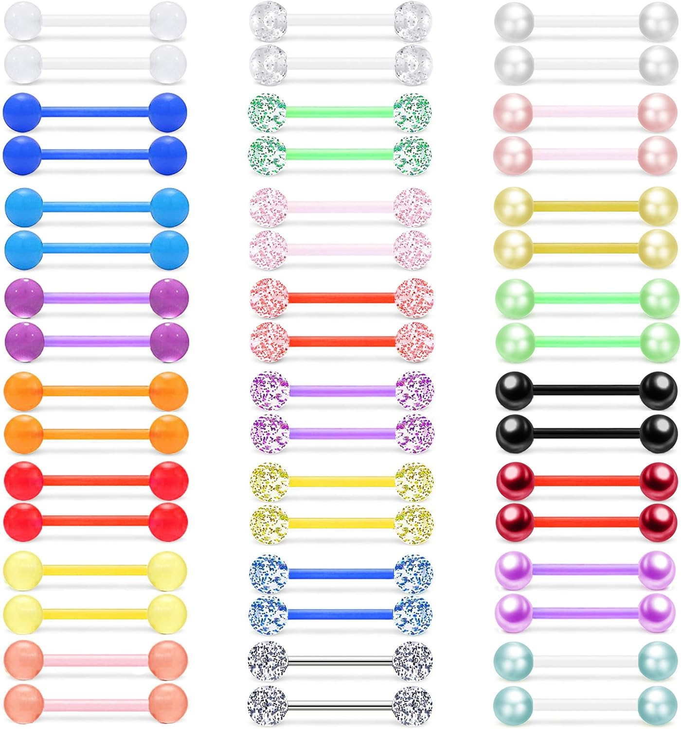48Pcs 14G Glow in Dark Flexible Acrylic Straight Tongue Barbell Nipple Ring Reta
