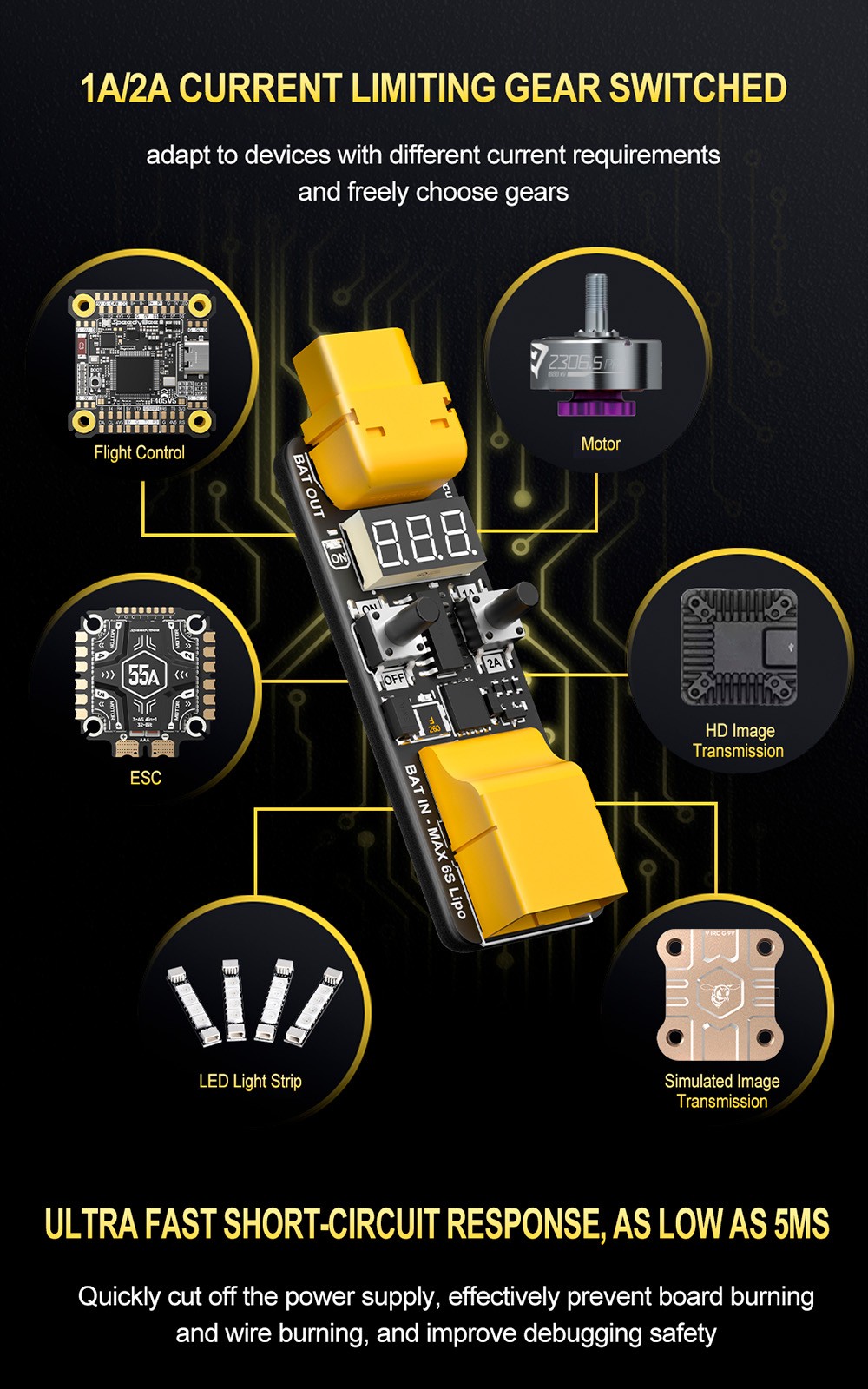 SpeedyBee Anti Short Circuit Module 4-6S 1A/2A Current for RC Flight Stack