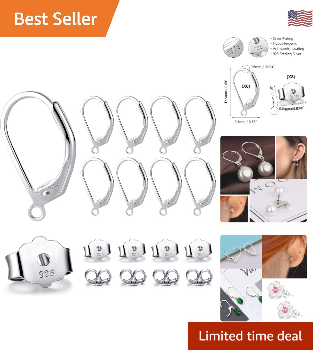 Elegant 16pcs Sterling Silver Dangle Hooks - Safe Hypoallergenic Earring Support