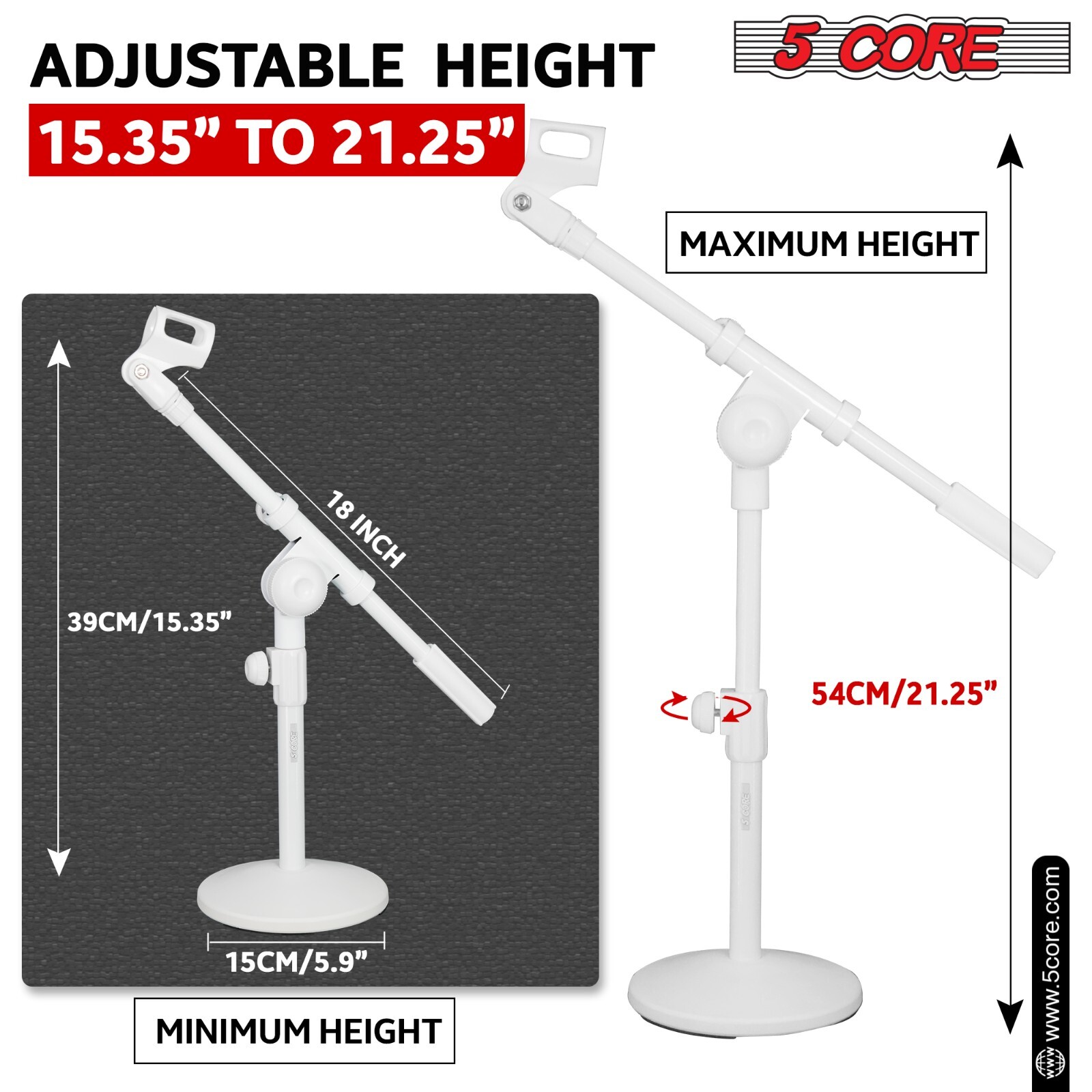 5Core Mic Stand Height Adjustable Short Desktop Stands w/ Telescopic Boom Arm