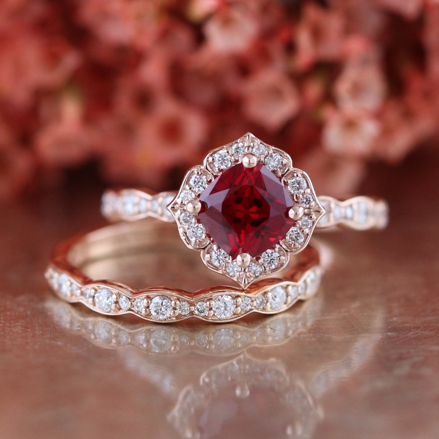 1.5ct Lab-Created Red Garnet Floral Bridal Set Engagement Ring RoseGold Plated
