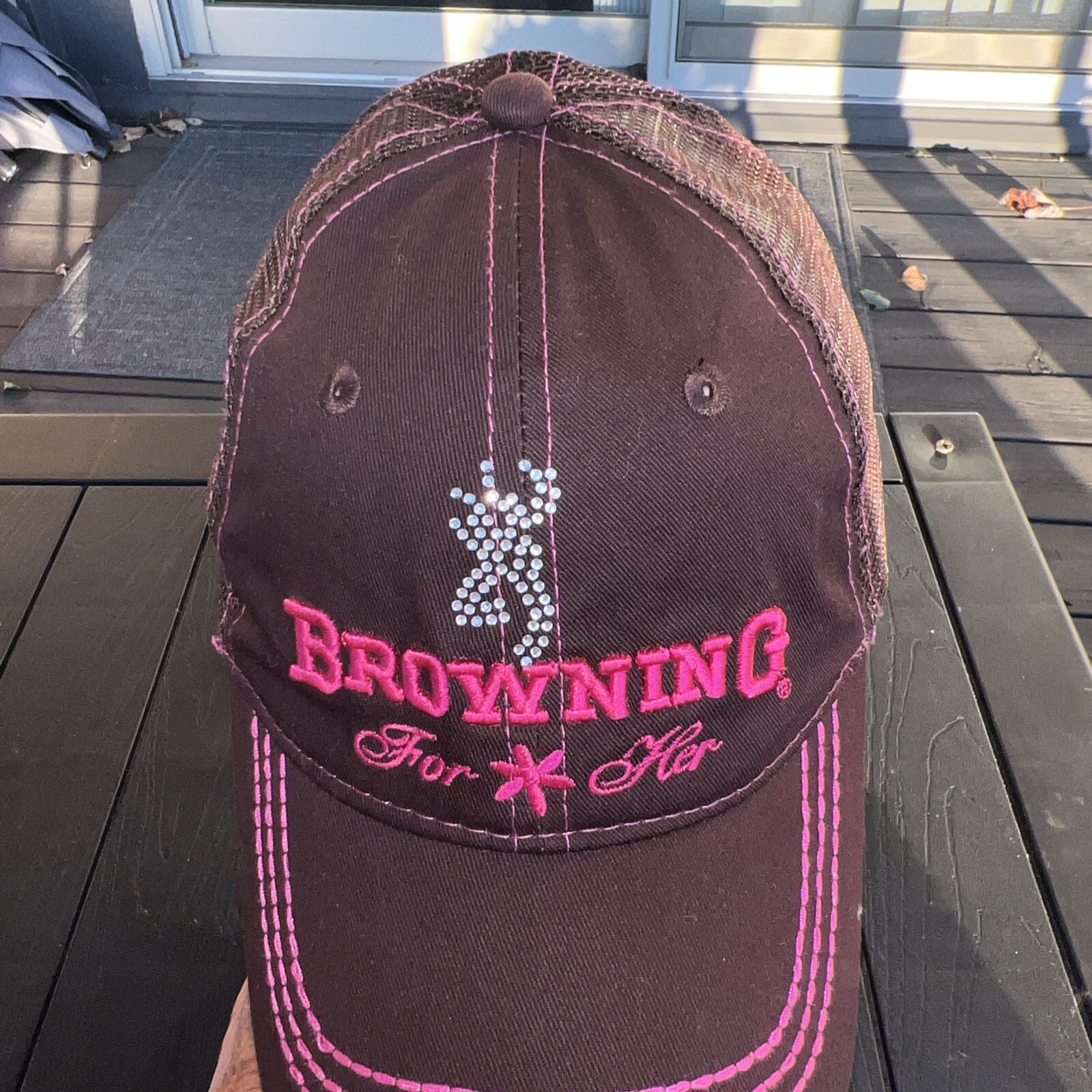 Browning for Her in Pink on Brown Trucker Hat Cap Rhinestone Logo Hook Loop EUC