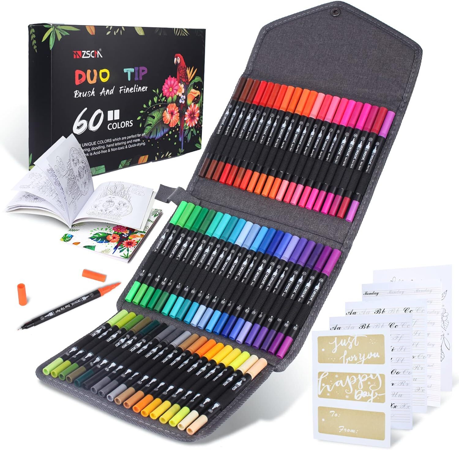 ZSCM 60 Colors Markers for Adult Coloring Books No Bleeding - Duo Tip Brush Pen,
