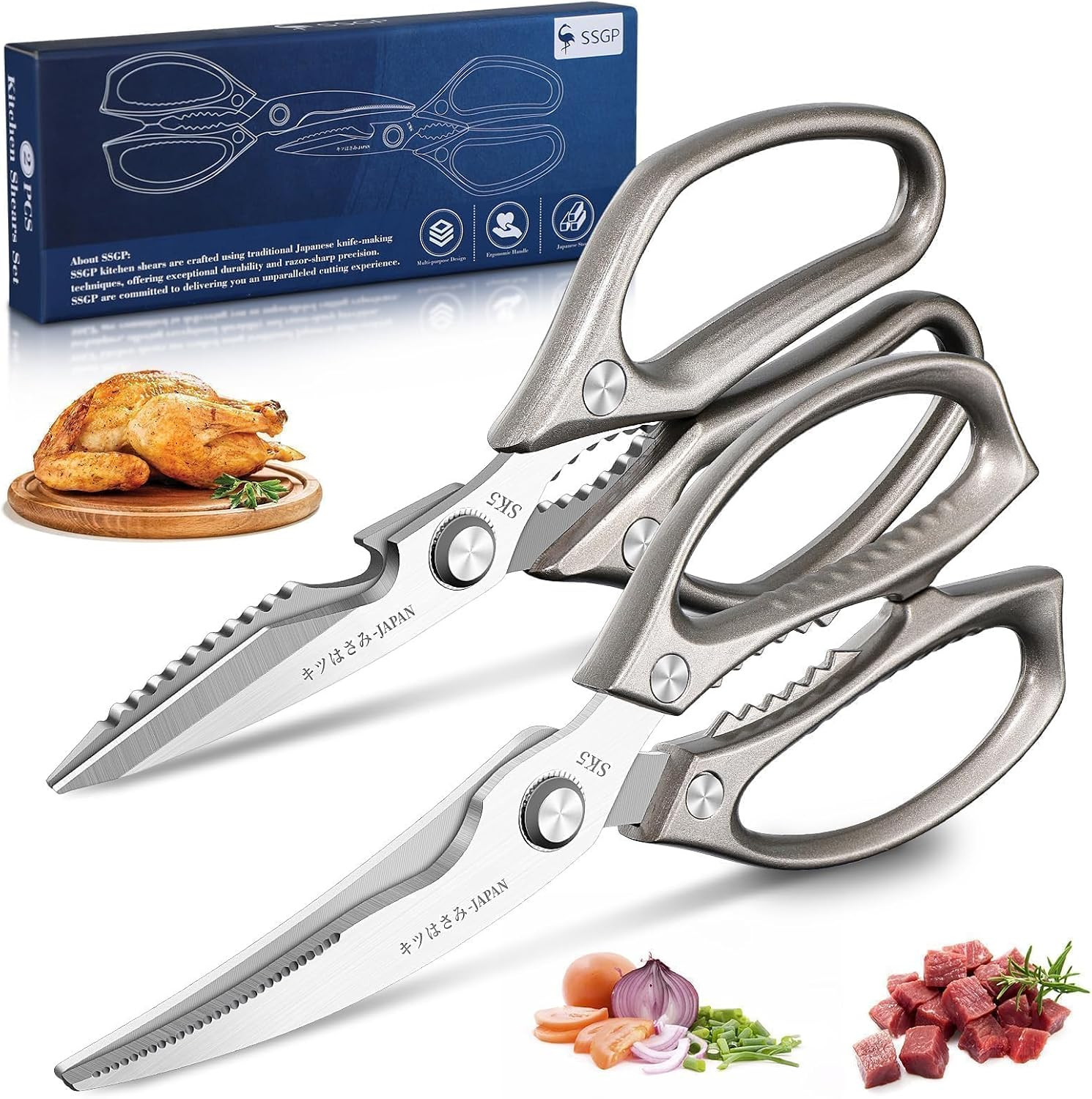 Heavy Duty Kitchen Shears Set - All Purpose Meat Scissors for Food | Sharp Japan