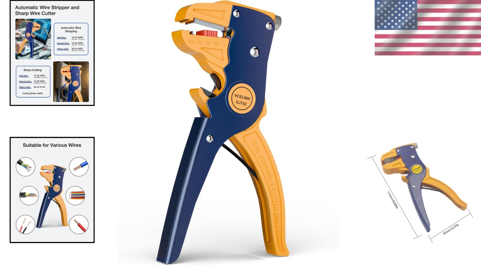 Professional 7-Inch Wire Stripper & Cutter: Compact Self-Adjusting Tool in Blue