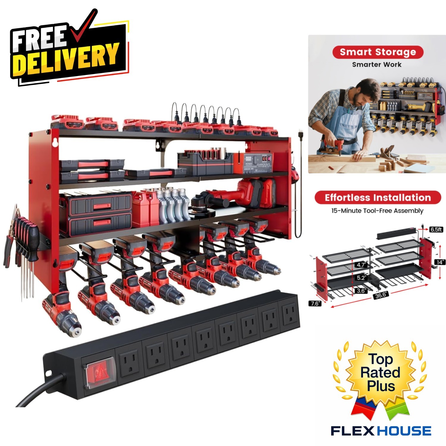 Solid Steel Power Tool Organizer | 300 lb Capacity, 8-outlet Wall Mount Rack