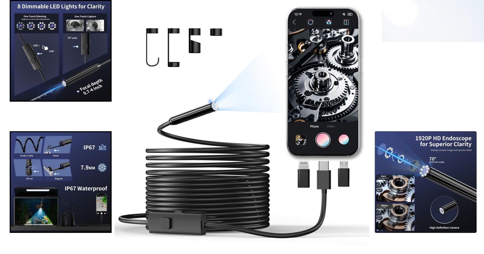 16.4ft Semi-Rigid Endoscope Camera with 8 Adjustable LEDs and High Definition