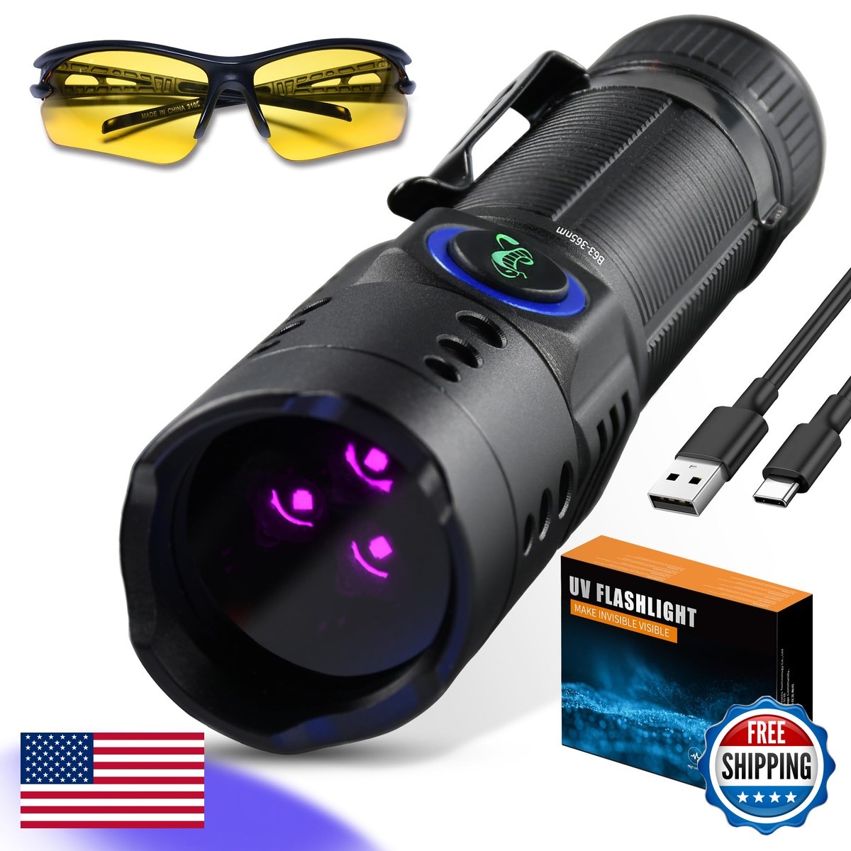 DARKBEAM B63 365nm UV Flashlight 20W 3 LED Rechargeable for Pet Urine, Scorpion