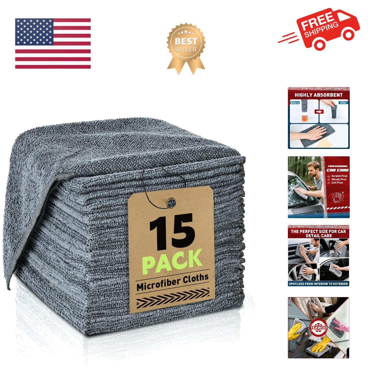 Microfiber Cleaning Cloths Bulk-15 Pack, Gray Microfiber Towels for Cars, Ult...
