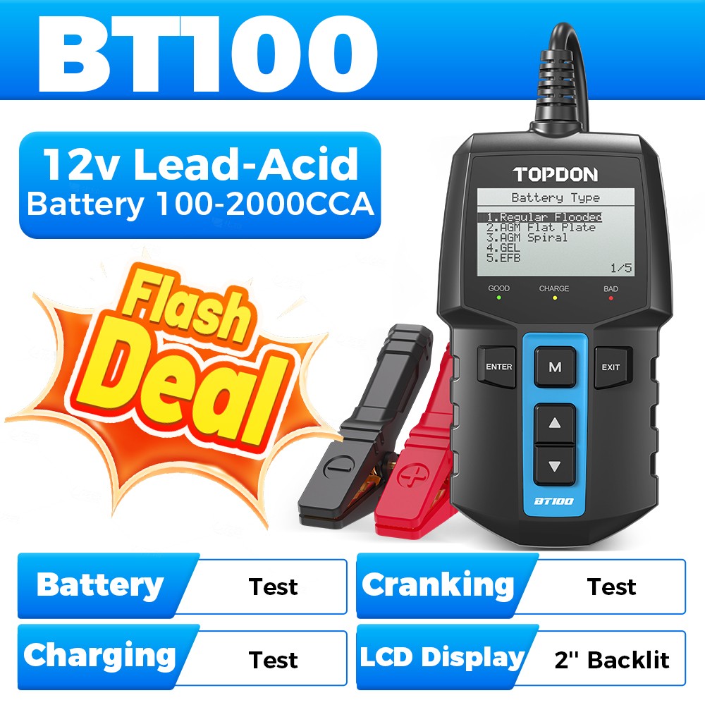 TOPDON BT100 12V Car Battery Load Tester Digital Analyzer Cranking Alternator
