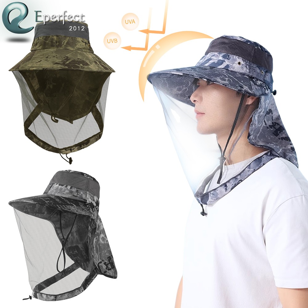 Mosquito Head Net Hat with Neck Flap Wide Brim Net Mesh Cap for Fishing Hiking