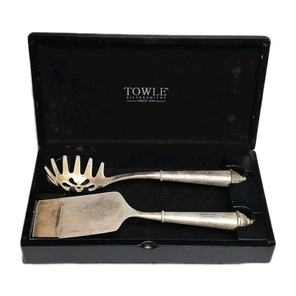 Vintage Towle Silver Plated Pasta Serving Service Set Wood Case Antique