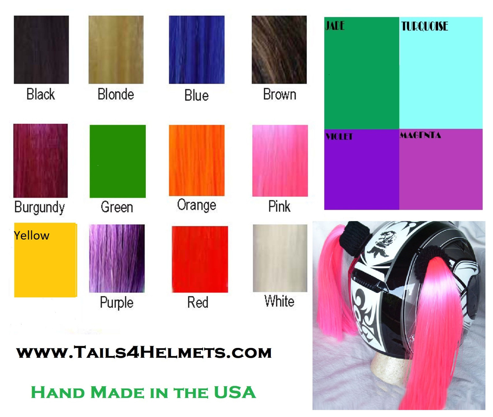 Helmet Pigtails for Motorcycle & Others - Select from 17 colors. USA Made & Ship