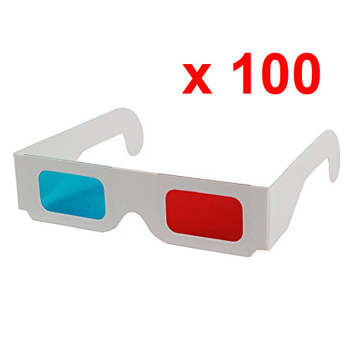 Lot 100 Lunettes 3D Anaglyphe Rouge/Cyan Bleu Neuf Carton