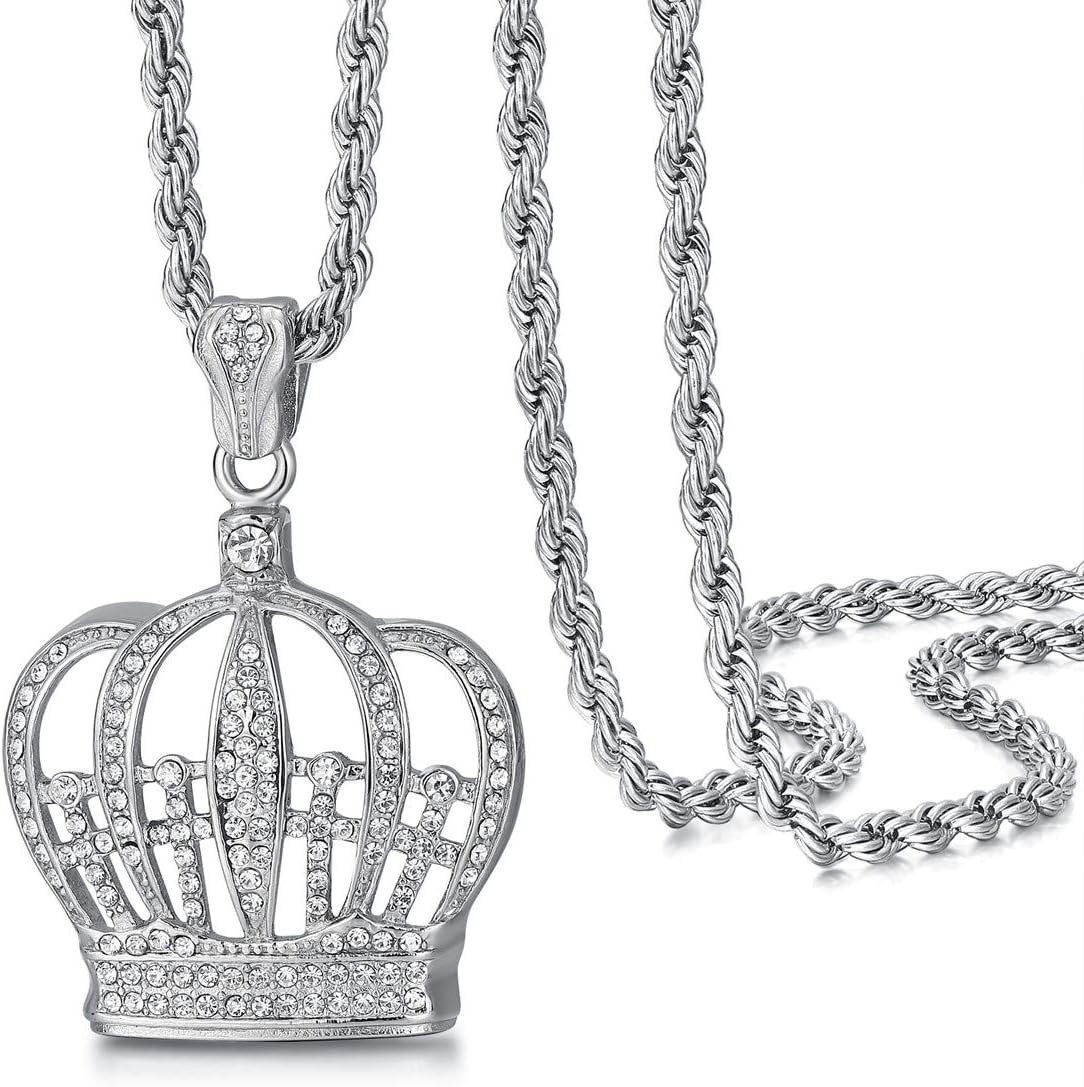 Mens Silver Iced Out King Crown Necklace, Stainless Steel Hip Hop Jewelry, Ice B