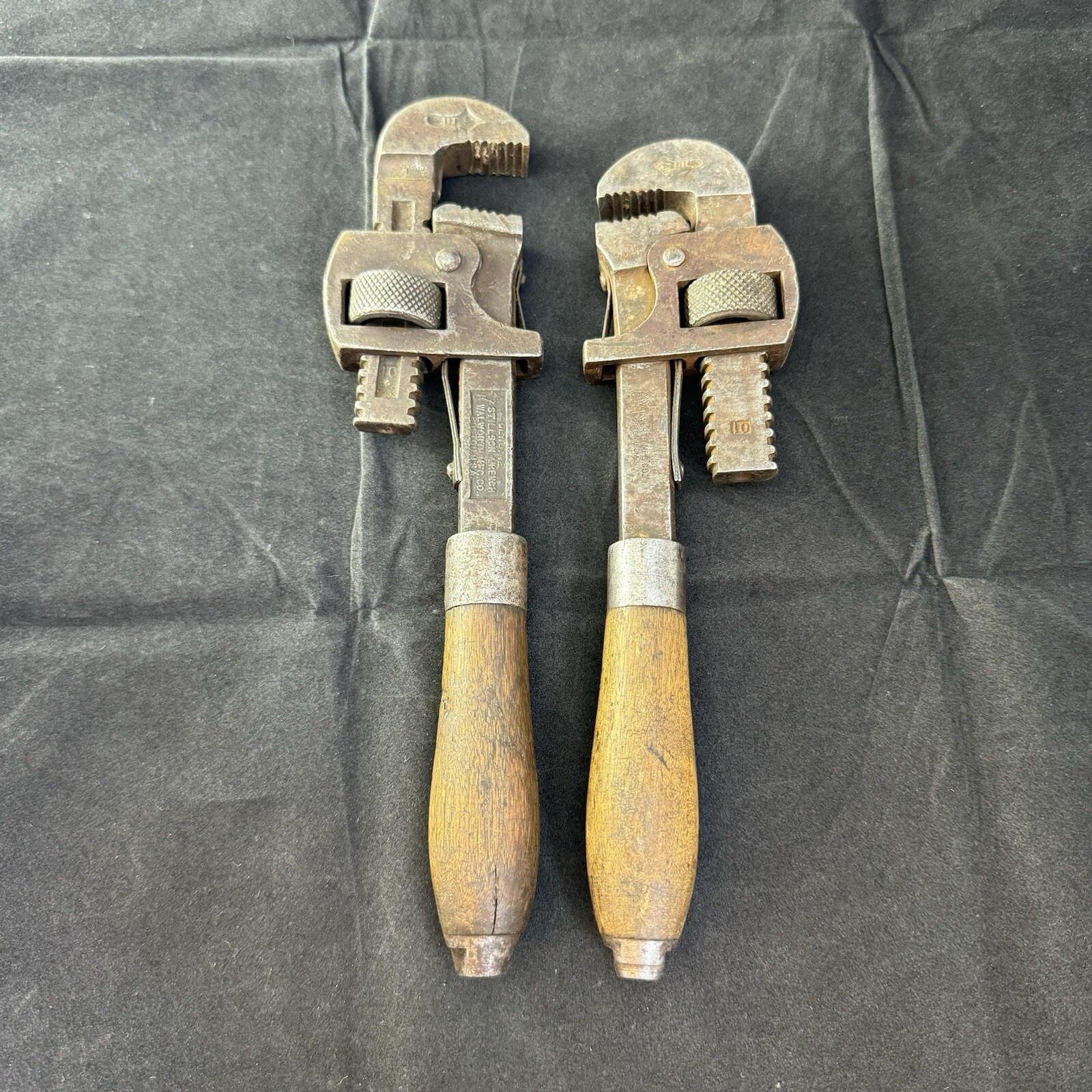 2 Vtg Walworth Mfg Pipe Wrench Stillson Patent 10” Double Spring Wooden Handle