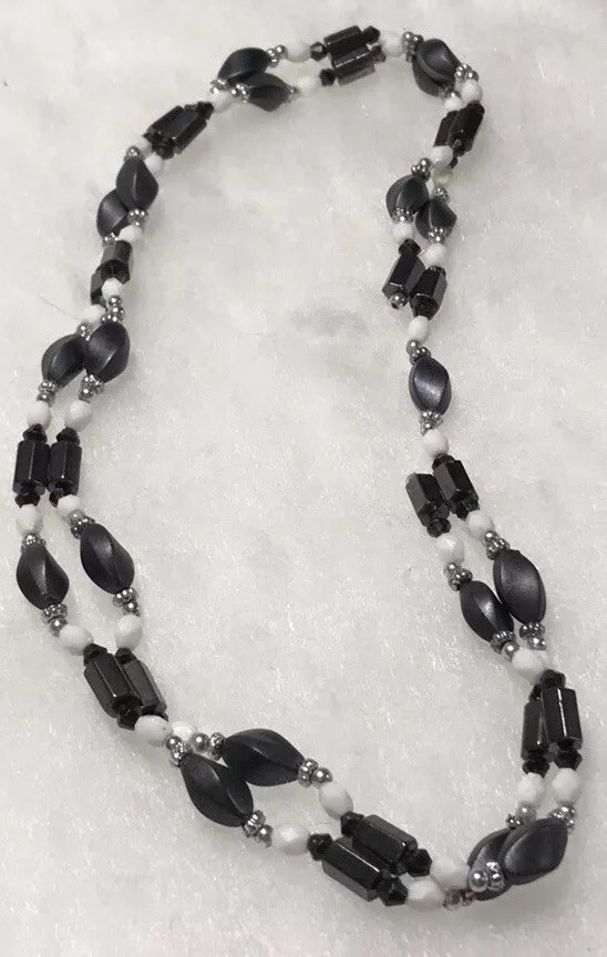 Black Beaded Necklace/ Magnetic/ Double Chain/ Silver Tone