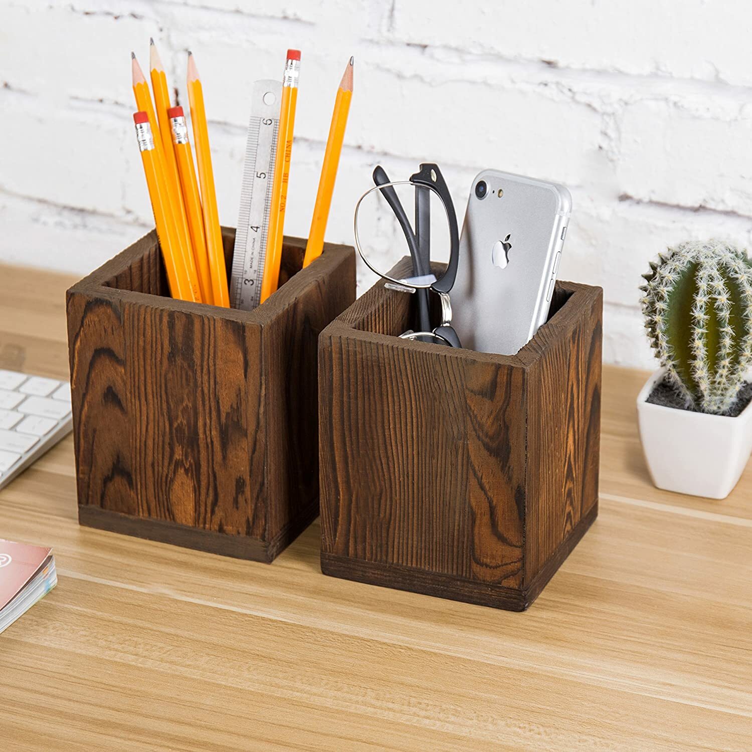 Set of 2 Natural Brown Grain Wood Desktop Pen & Pencil Organizer Holder Cups
