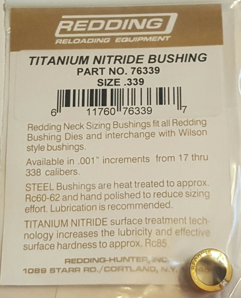76339 REDDING TITANIUM NITRIDE .339 NECK SIZE BUSHING - BRAND NEW - FREE SHIP
