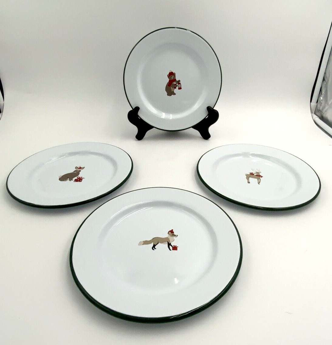 Set of 4 Helmsie Crow Canyon Christmas 8" Dia Enamel Plates NEW Fox, Deer