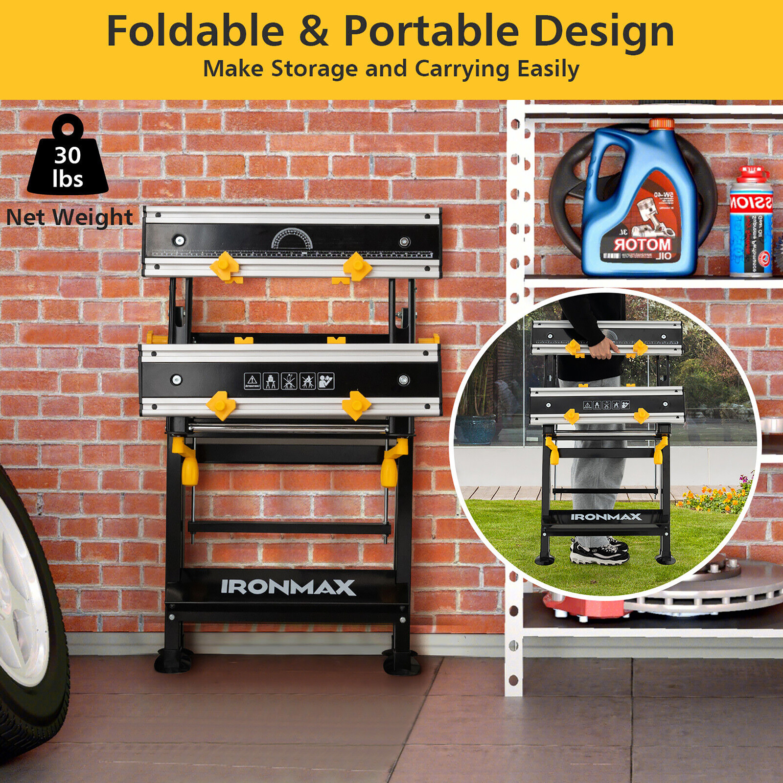 Folding Work Table Portable Workbench w/ Adjustable Height & Tiltable Platform