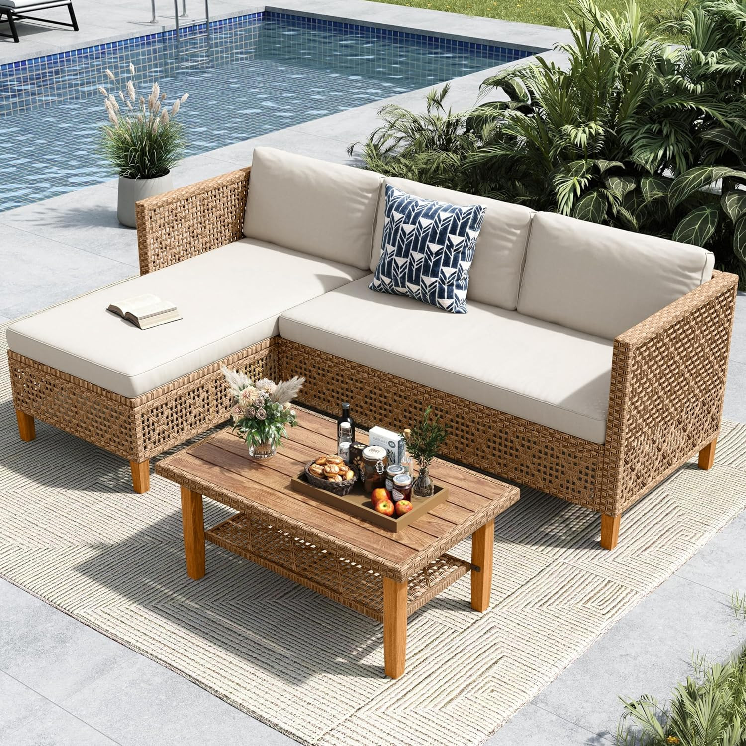 MFSTUDIO L Shaped Outdoor Couch Set, Wicker Patio Furniture Set, Rattan Outdoor