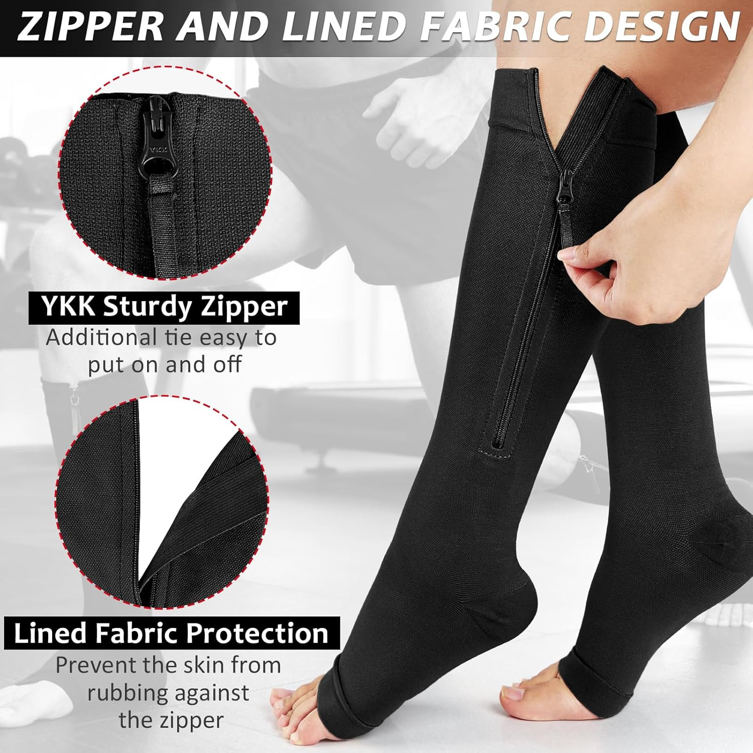 Ailaka Zipper Compression Socks for Women Men, 20-30 mmHg Open Toe Compression S