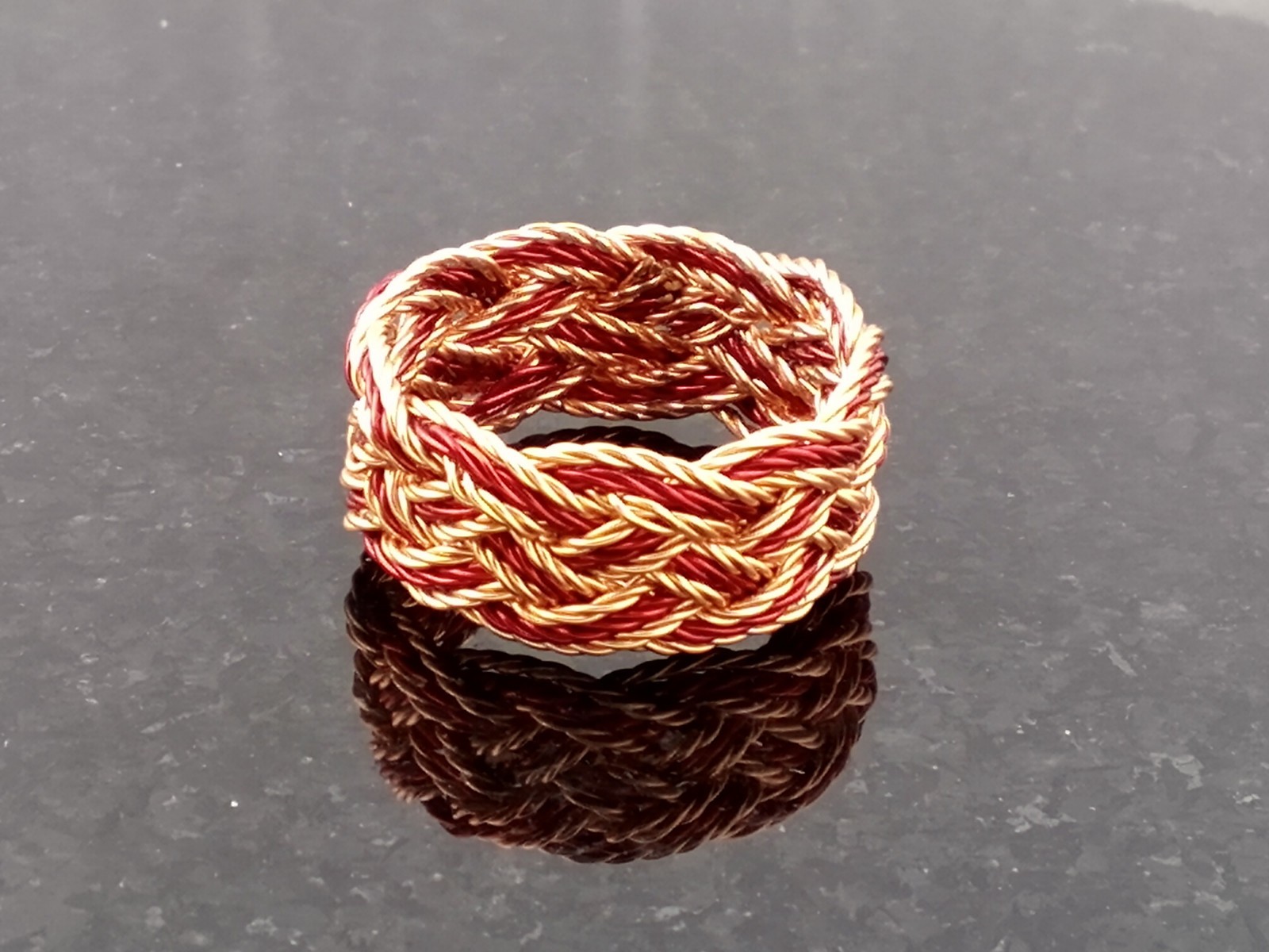 Size 8.5 Copper Twist / Red Artistic Twist Wire Turks Head Knot Ring Hand made