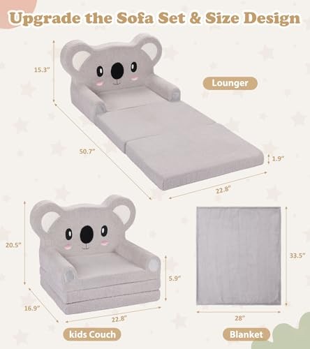 Kids Couch, 2-in-1 Soft Toddler Couch Fold Out with Blanket, Chair Comfy, Koala