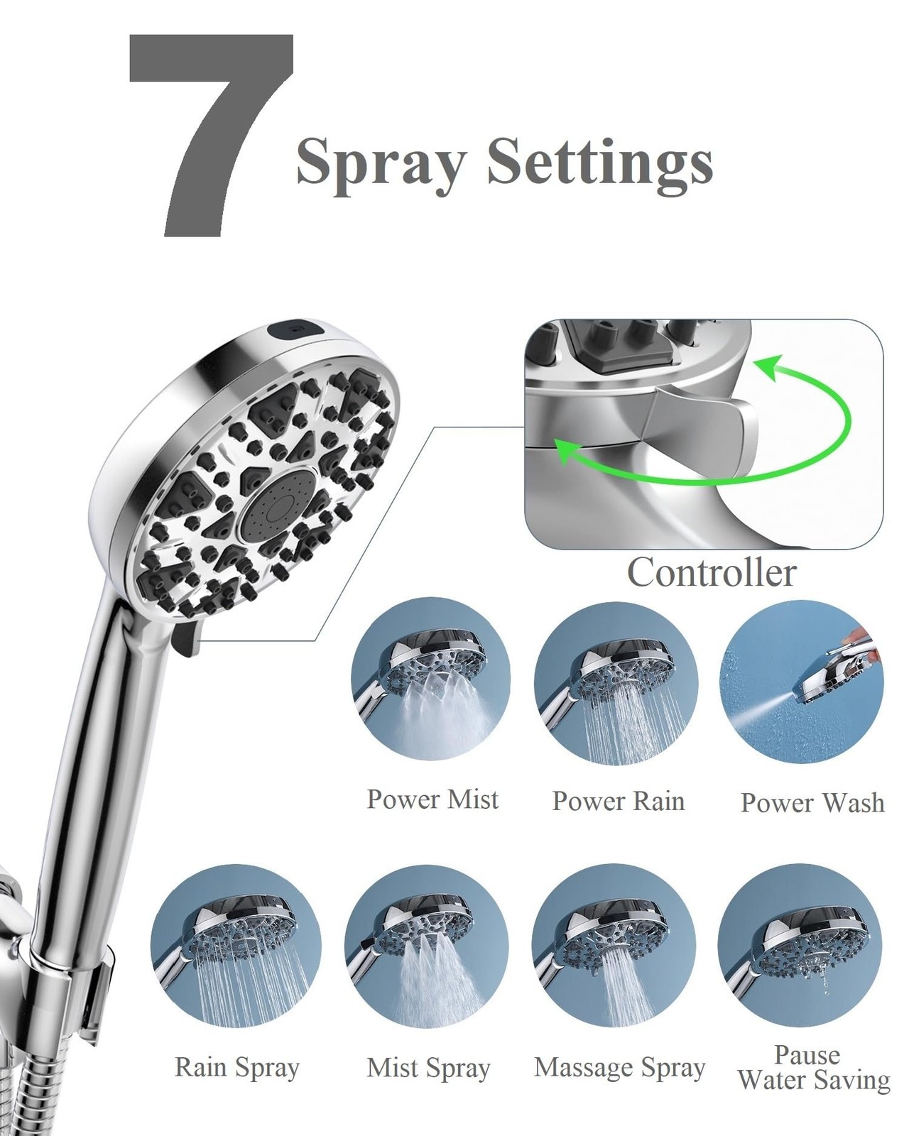 Shower Head with Handheld High Pressure Multi-Function 7 modes, Built-in Powe...