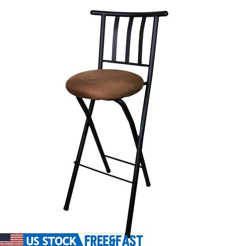29 In Folding Metal Barstool W/ Slat Back & Comfortable Microfiber Seat Brown