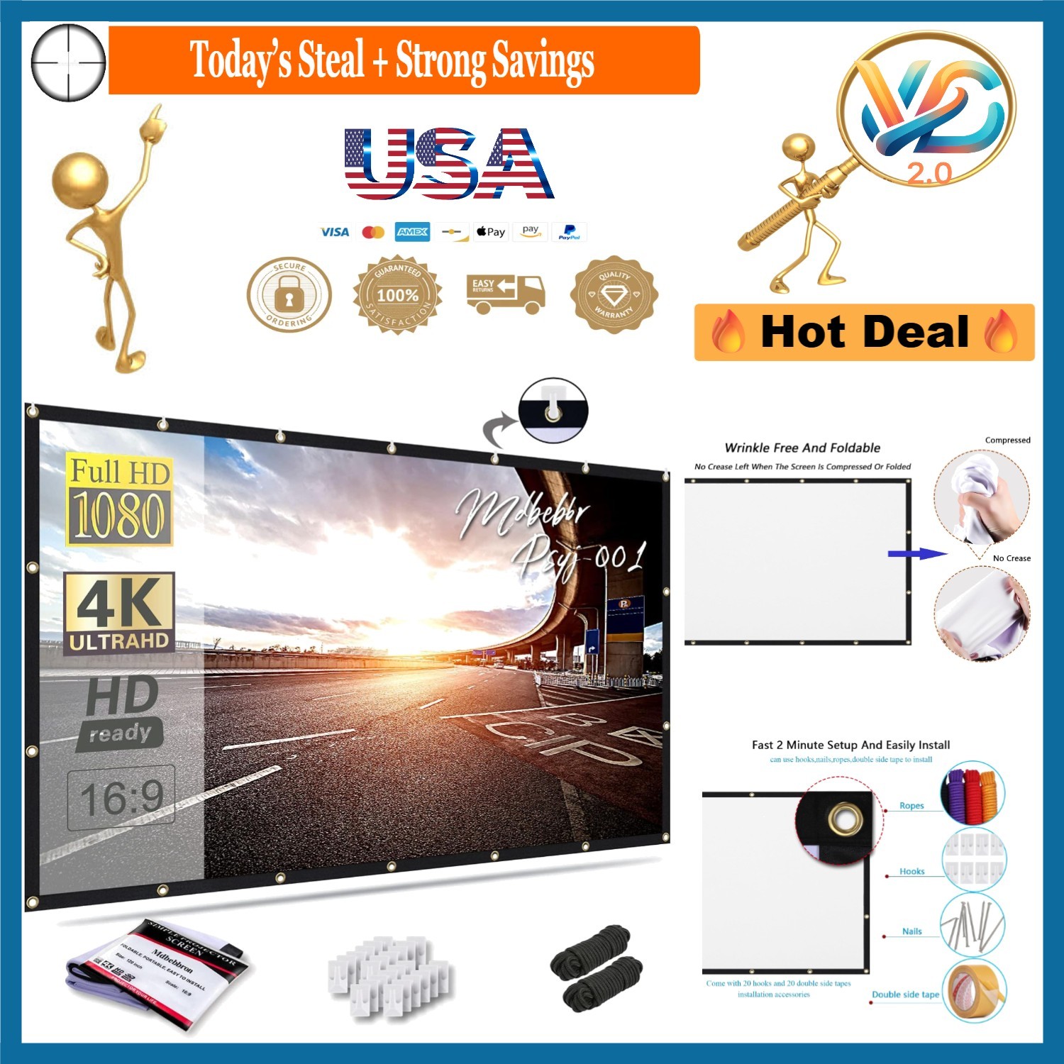 120 Inch Foldable Projector Screen 16:9 Portable Indoor Outdoor White