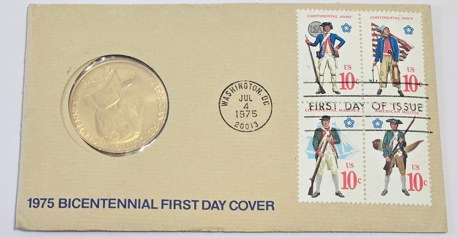 1975 Bicentennial First Day Cover Stamps Washington DC & sealed Paul Revere Coin