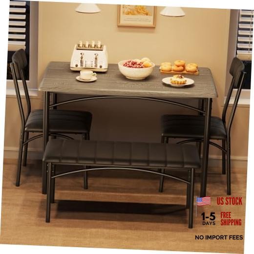 Dining Table Set for 4, Kitchen Table and 2 Chairs with Bench Rustic Gray
