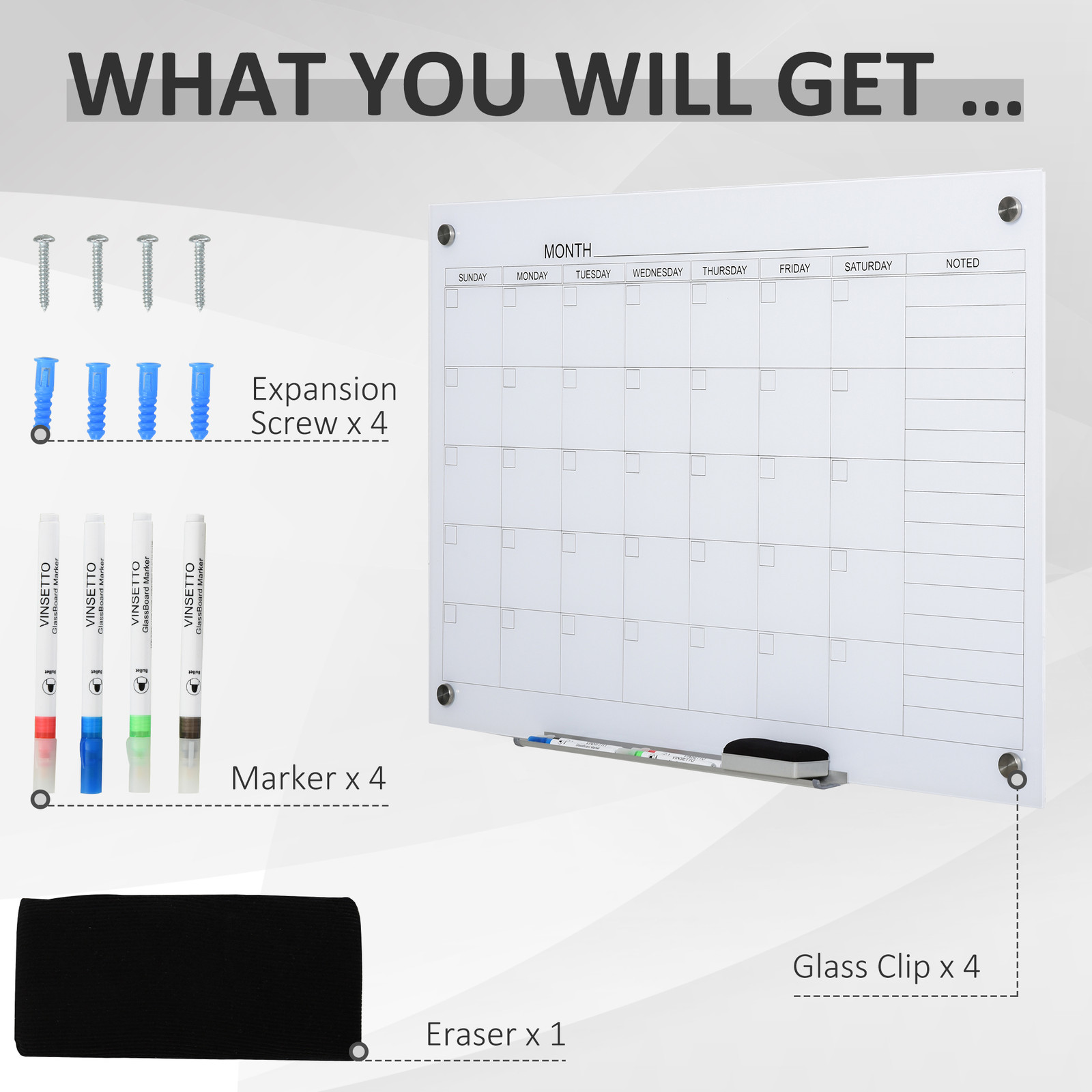 Wall Mounted Glass Organizational Daily Activity Board w/Markers and Dry Eraser