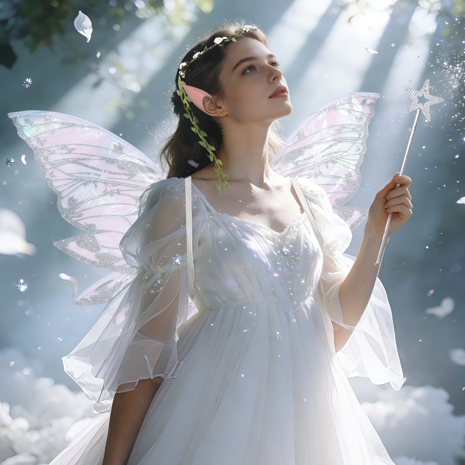 Women Elf Ears Butterfly Wings Flower Crown Set Renaissance Party Accessories