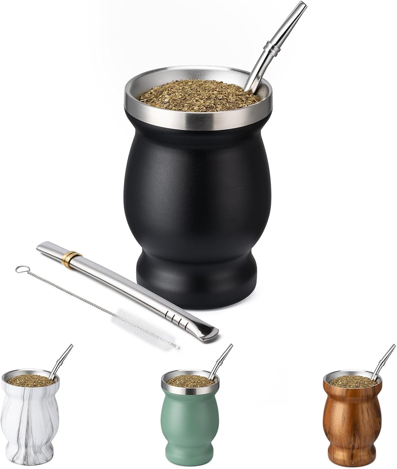 Yerba Mate Cup Set Stainless Steel Double Wall Gourd with 2 Bombillas Black 8oz