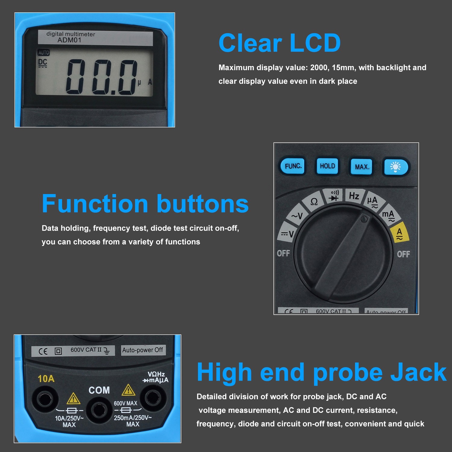 ADM01 DMM Digital Multimeter Hand-held LCD Display Auto Range AC/DC Voltage
