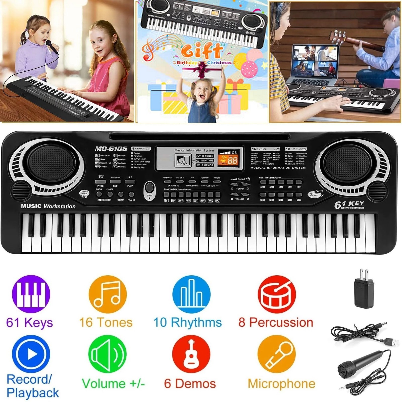61-Key Portable Electronic Keyboard Piano & Mic Kids Beginner Player Sing Along