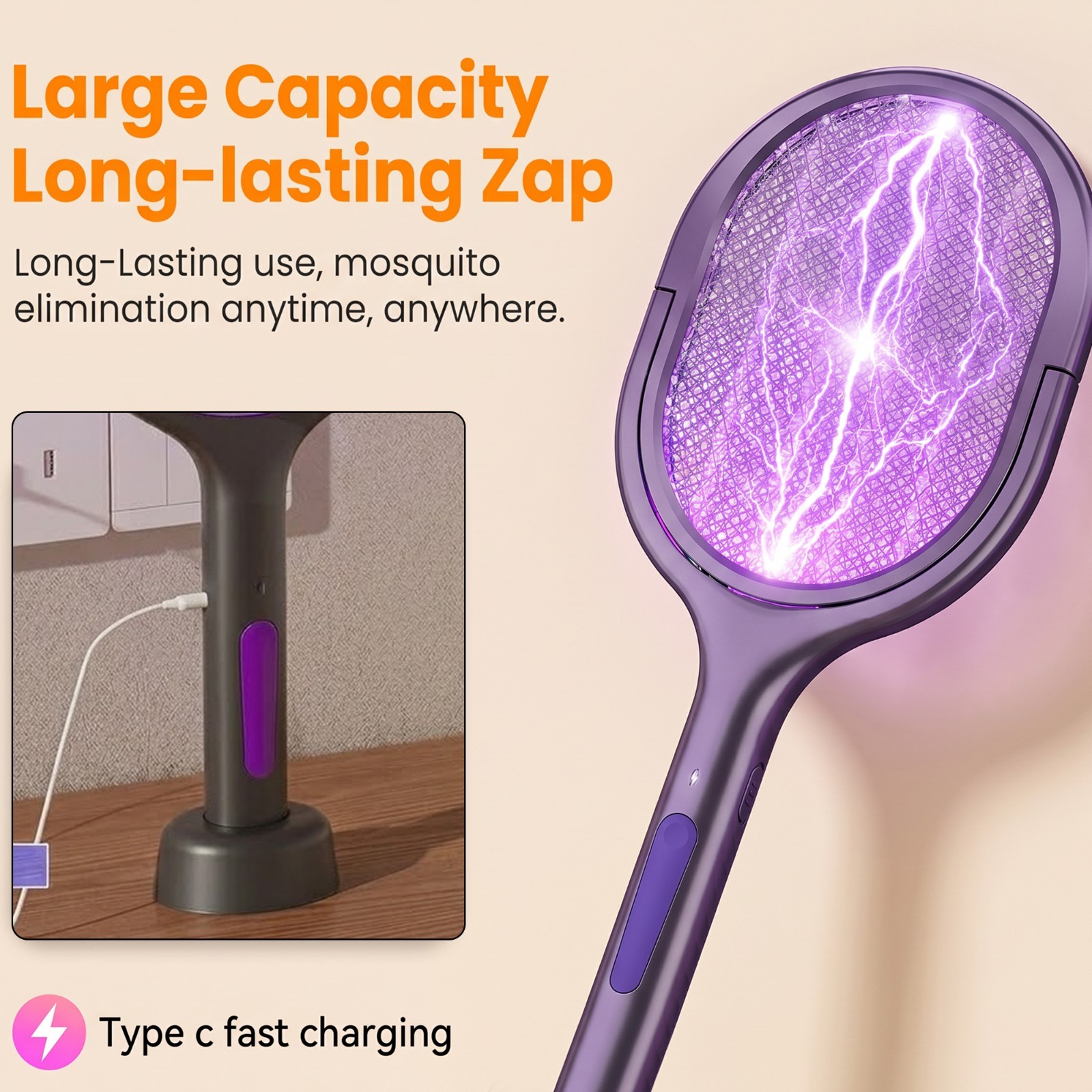 Electric Fly Swatter Racket Rechargeable Bug Zapper with a Telescopic Extensions