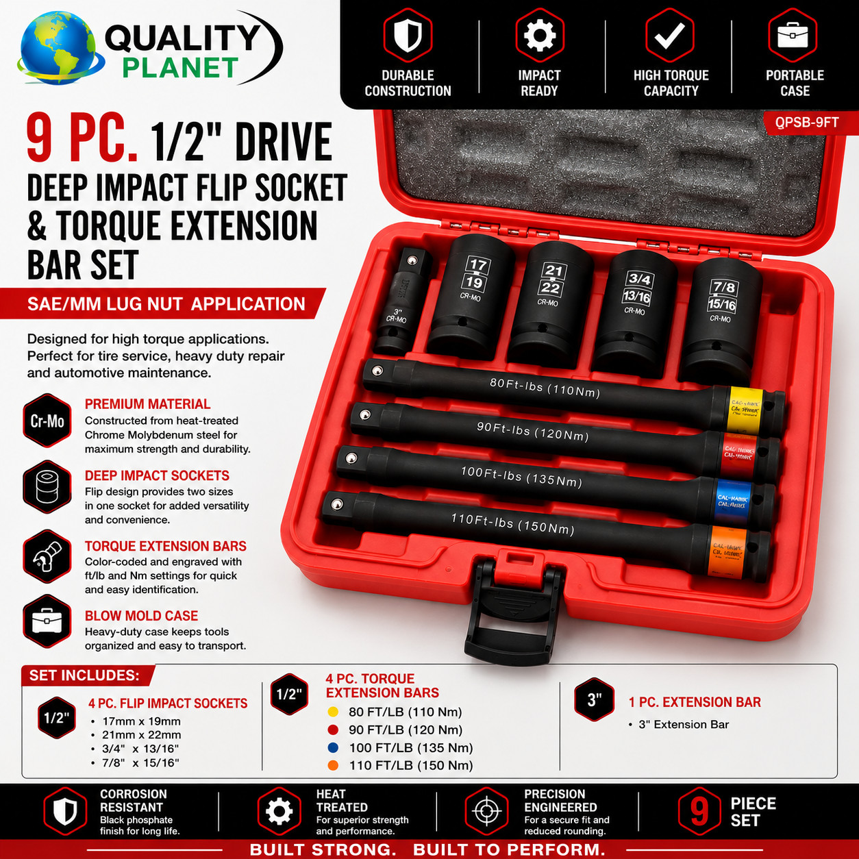 9 pc 1/2" DR DEEP IMPACT FLIP SOCKET AND TORQUE EXTENSION BAR SET SAE/MM LUG NUT