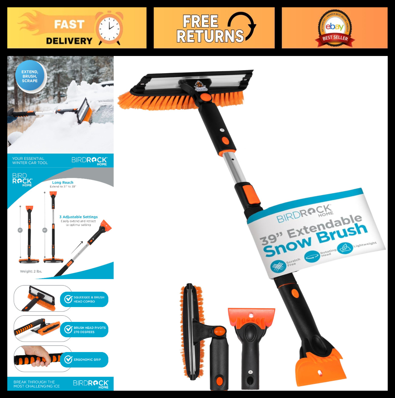 39" Extendable Snow Brush with Squeegee & Ice Scraper | Foam Grip for Cars, Truc