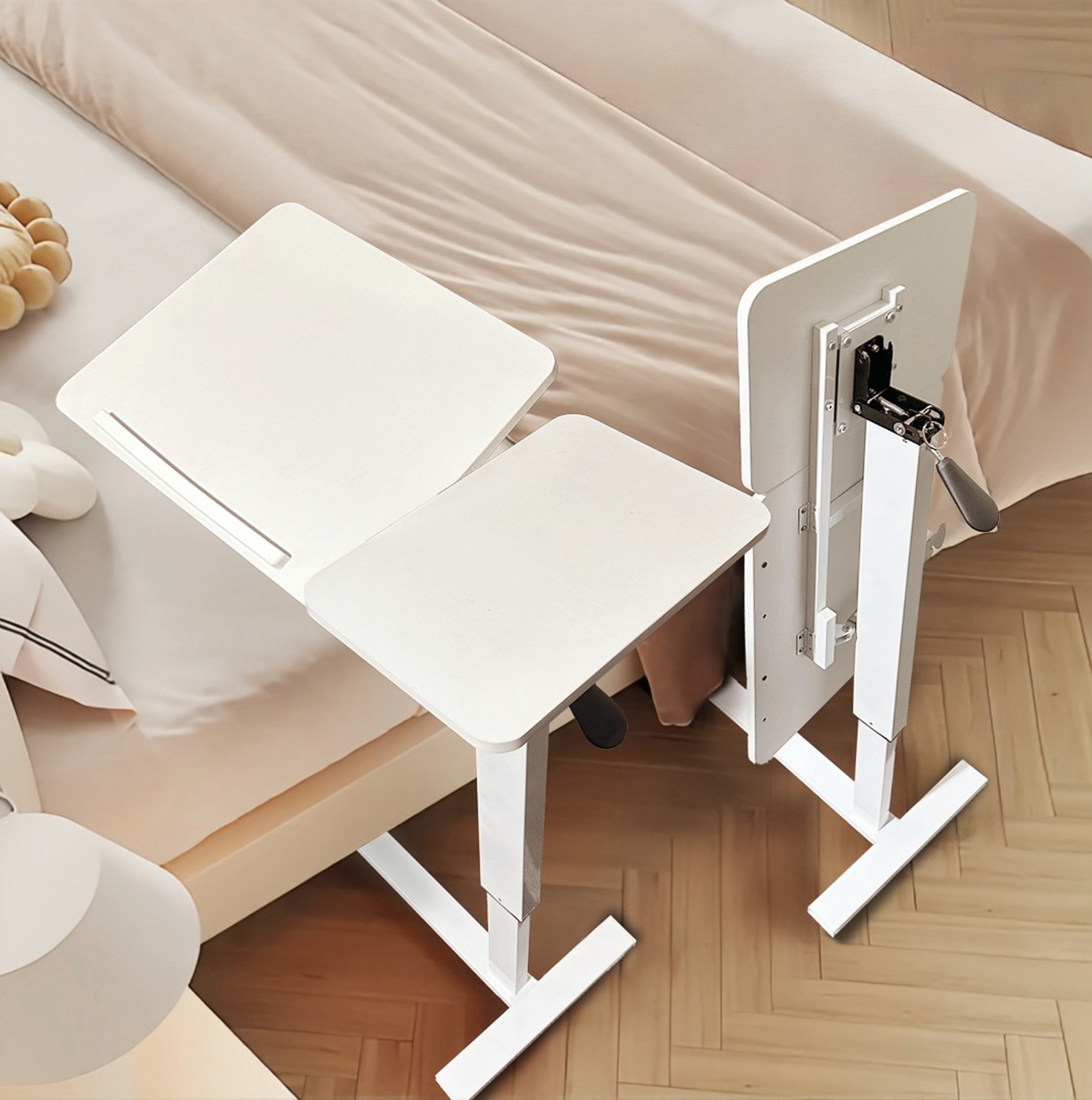 Modern Height Adjustable Overbed Table Side Table Tilting Bedside Desk w/ Wheels