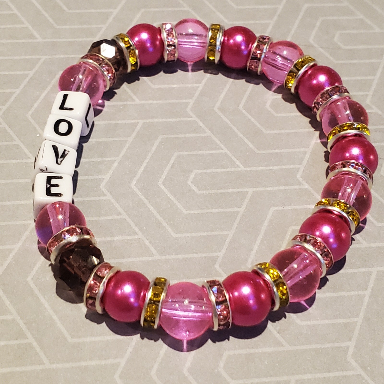 Beautiful Handmade Bracelet  Glass Beads Pink "Love" Stretchy