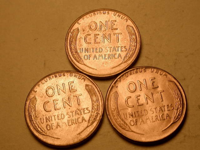 3 Different 1954-S Ch/Gem BU Red Uncirculated Lincoln Cent Die Break Errors#1