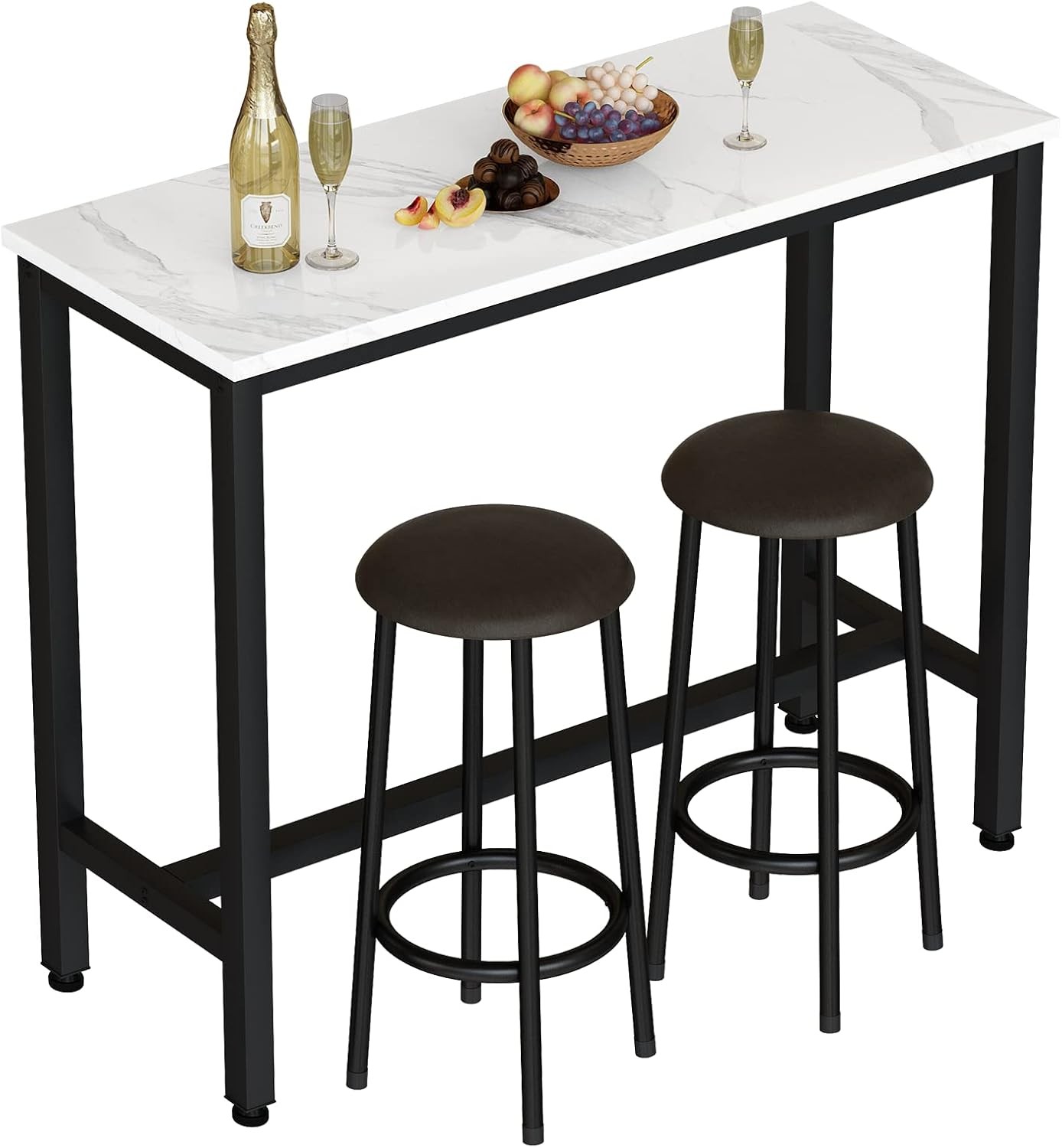 47.2" Bar Table Set of 2,Faux Marble Pub Height Table and Chairs Set of 2 with